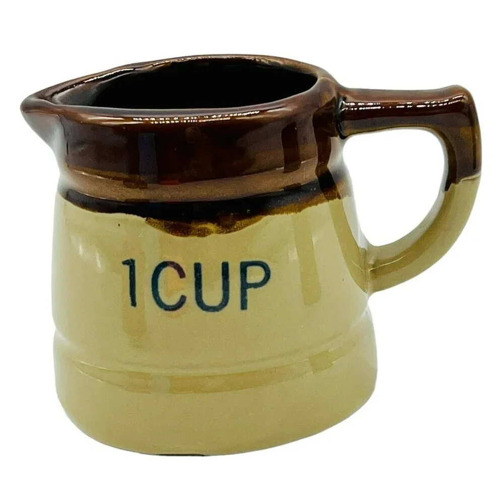 Vintage Stoneware Crock Pitcher Measuring‎ Cup Set of 3 Brown Drip Redware